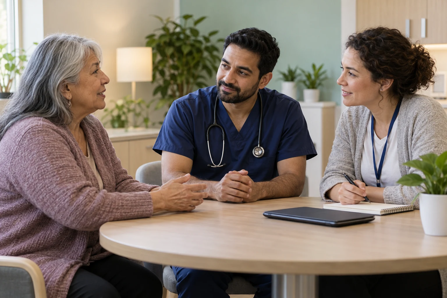 A patient discussing care with two healthcare professionals